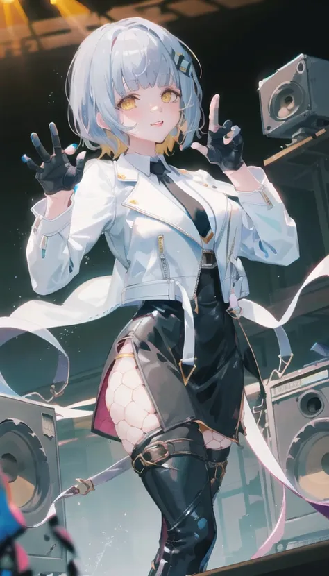 masterpiece, hachi_(vtuber), 1girl, gloves, virtual youtuber, jacket, blonde hair, black gloves, necktie, white jacket, short hair, hair ornament, cropped jacket, multicolored hair, yellow eyes, long sleeves, thighhighs, black necktie, grey hair, black skirt, skirt, black dress, shirt, mole under eye, , on the stage, 
grey hair,long hair, yellow eyes,petite,(big breasts),(unbuttoned clothes),(breasts out:1.2), (detached collar:1.3), choker, coat,reverse bunnysuit, maebari, pasties, <lora:reverseTranslucent_v10:1>,(1 black thighhigh:1.3, nylons:1.2),boots, (shiny skin:1.3),(posing, closeup), (beautiful face),(smile),(honeycomb,concert,large speakers),(5fingers each hand:1.2),microphone.
cowboy shot, <lora:hachiVtuber_v1:0.6>