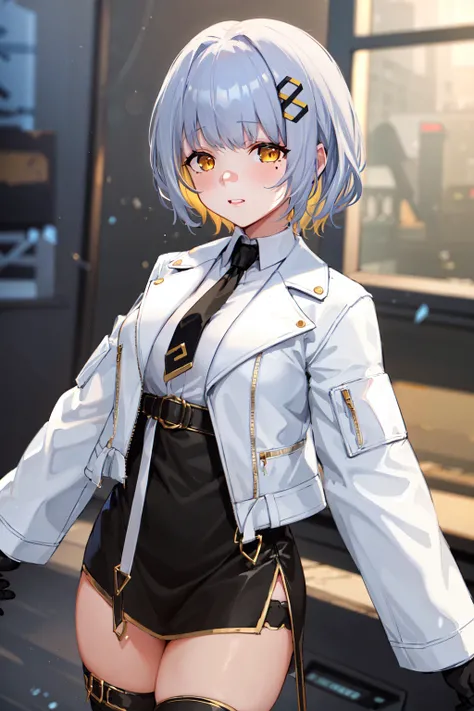 masterpiece, hachi_(vtuber), 1girl, gloves, virtual youtuber, jacket, blonde hair, black gloves, necktie, white jacket, short hair, hair ornament, cropped jacket, multicolored hair, yellow eyes, long sleeves, thighhighs, black necktie, grey hair, black skirt, skirt, black dress, shirt, mole under eye, cowboy shot, <lora:hachi_v4:0.6>