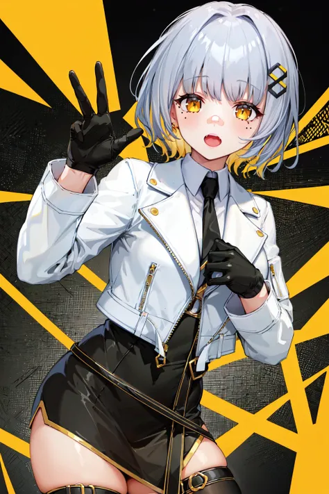 masterpiece, hachi_(vtuber), 1girl, gloves, virtual youtuber, jacket, blonde hair, black gloves, necktie, white jacket, short hair, hair ornament, cropped jacket, multicolored hair, yellow eyes, long sleeves, thighhighs, black necktie, grey hair, black skirt, skirt, black dress, shirt, mole under eye, cowboy shot, <lora:hachi_v4:0.6>