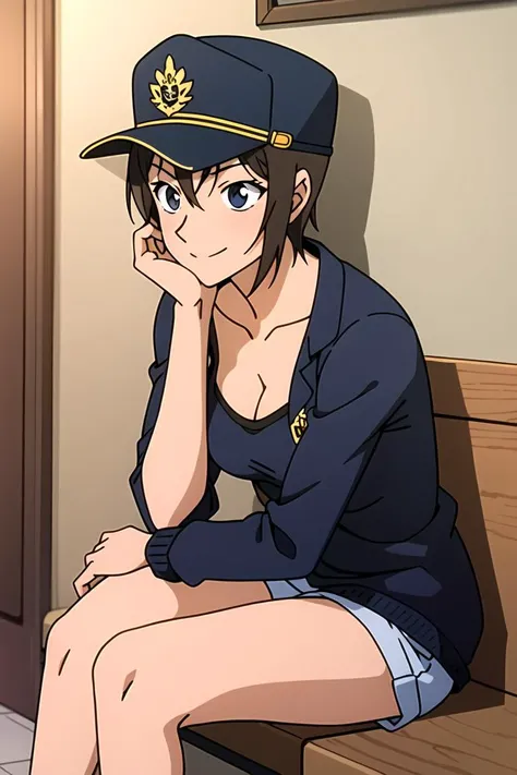 ((masterpiece)),((best quality)),ultra-detailed,illustration,short hair, head rest, smile, brown hair, black hair, black eyes, collarbone, uniform, solo focus, multiple boys, visor cap, 1girl, upper body, , hat, hand on own face, shirt, looking to the side, looking away, bag, close-up,Beautiful body,Beautiful Nose,Beautiful character design,perfect eyes,perfect face,alluring,wallpaper,perfect lighting,Colorful,ultra highres,4K,photography,8K,HDR,highres,(Beautiful, medium breasts:1.2),(beautiful face:1.2),(narrow waist),(full body),shiny skin,nsfw,anime screencap,<lora:Satou Miwako3:0.7>,