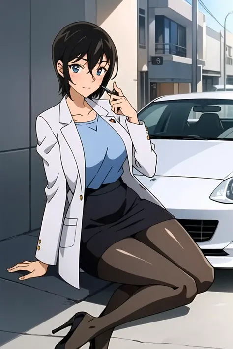 ((masterpiece)),((best quality)),ultra-detailed,illustration,1girl, solo, black hair, short hair, skirt, pen, pencil skirt, ground vehicle, motor vehicle, pantyhose, sitting, car, labcoat, grey eyes, phone, jacket, blue shirt, cellphone, blue eyes, notepad, shirt,Beautiful body,Beautiful Nose,Beautiful character design,perfect eyes,perfect face,alluring,wallpaper,perfect lighting,Colorful,ultra highres,4K,photography,8K,HDR,highres,(Beautiful, medium breasts:1.2),(beautiful face:1.2),(narrow waist),(full body),shiny skin,nsfw,anime screencap,<lora:Satou Miwako3:0.7>,