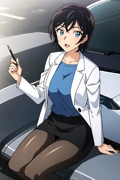 ((masterpiece)),((best quality)),ultra-detailed,illustration,1girl, solo, black hair, short hair, skirt, pen, pencil skirt, ground vehicle, motor vehicle, pantyhose, sitting, car, labcoat, grey eyes, phone, jacket, blue shirt, cellphone, blue eyes, notepad, shirt,Beautiful body,Beautiful Nose,Beautiful character design,perfect eyes,perfect face,alluring,wallpaper,perfect lighting,Colorful,ultra highres,4K,photography,8K,HDR,highres,(Beautiful, medium breasts:1.2),(beautiful face:1.2),(narrow waist),(full body),shiny skin,nsfw,anime screencap,<lora:Satou Miwako3:0.7>,