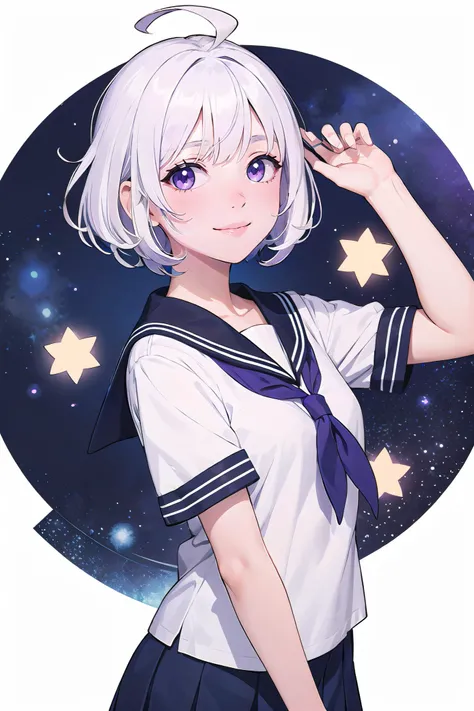 upper body, 1girl, white hair, ahoge, purple eyes, smile, sailor suite, serafuku, sailor collar, white cat, , magic circle background, light particles,