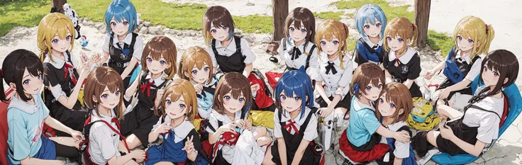 a group of anime girls with different colored hair sit together,Look down in a circle, From below,multiple girls, 6+girls,everyone ten yeded_face)), different face,blonde hair, brown hair, short hair,pony tail,Shoulder-length hair,Bob hair, long hair, brown eyes, blue hair,happy,smile,bird view,low view,