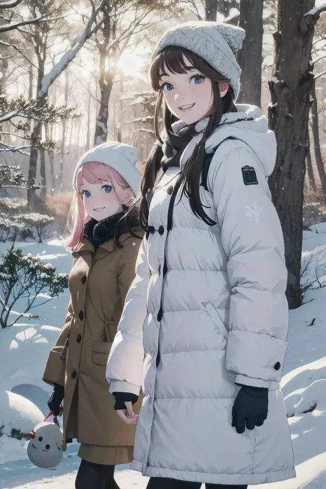 friends on a walk through a snowy forest. winter sun, snowflakes. smiling happy faces.  kkw-skin-det-all_checkpoint_skin_detail_-_skin_detail_v1.0 , overalldetail-detail_++_-_overall_detail  . detailed faces, (realistic:1.2), (masterpiece:1.2)