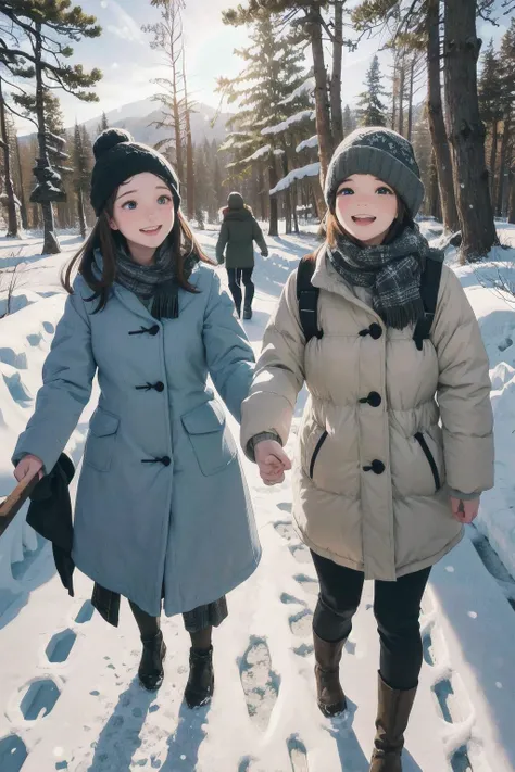 friends on a walk through a snowy forest. winter sun, snowflakes. smiling happy faces. kkw-skin-det-all_checkpoint_skin_detail_-_skin_detail_v1.0 , overalldetail-detail_++_-_overall_detail . detailed faces, (realistic:1.2), (masterpiece:1.2)