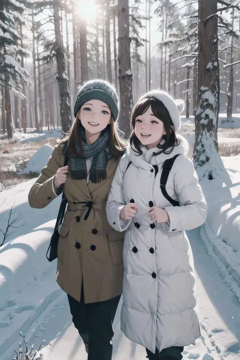 friends on a walk through a snowy forest. winter sun, snowflakes. smiling happy faces. kkw-skin-det-all_checkpoint_skin_detail_-_skin_detail_v1.0 , overalldetail-detail_++_-_overall_detail . detailed faces, (realistic:1.2), (masterpiece:1.2)