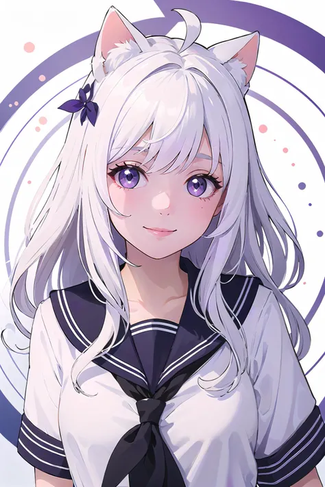 upper body, 1girl, white hair, ahoge, purple eyes, smile, sailor suite, serafuku, sailor collar, white cat, , magic circle background, light particles,