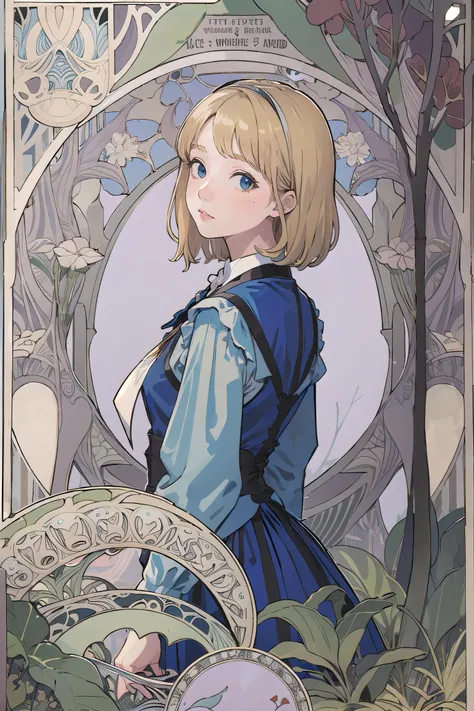 Maximalism,absurdres,masterpiece, best quality, (art nouveau:1.5), (zentangle:1.3), BREAK one girl, (Alice in Wonderland:1.2), background is (wonder forest:1.3) large tree, looking viewer, clear face, purity, blond hair, Big Ribbon on head, standing, from side, (hands behind back:1.1)