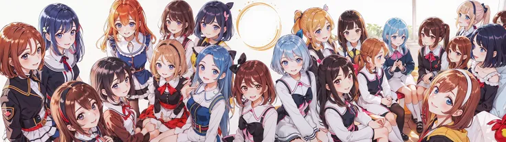 a group of anime girls with different colored hair sit together,Look down in a circle, From below,multiple girls, 6+girls,everyone ten yeded_face)), different face,blonde hair, brown hair, short hair,pony tail,Centre parting hair,Shoulder-length hair,Bob hair, long hair, brown eyes, blue hair,happy,smile,wide view,low view,looking at view