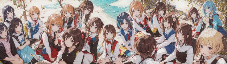 a group of anime girls with different colored hair sit together,Look down in a circle, From below,multiple girls, 6+girls,everyone ten yeded_face)), different face,blonde hair, brown hair, short hair,pony tail,Centre parting hair,Shoulder-length hair,Bob hair, long hair, brown eyes, blue hair,happy,smile,bird view,low view,looking at view