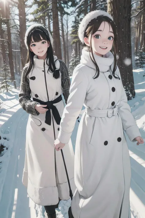 friends on a walk through a snowy forest. winter sun, snowflakes. smiling happy faces. kkw-skin-det-all_checkpoint_skin_detail_-_skin_detail_v1.0 , overalldetail-detail_++_-_overall_detail . detailed faces, (realistic:1.2), (masterpiece:1.2)