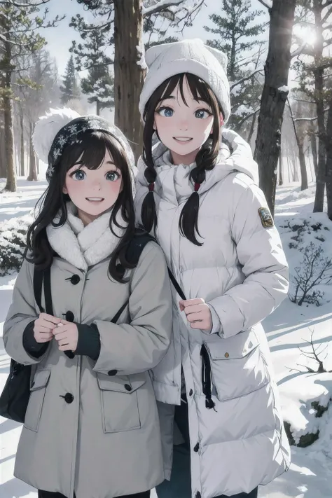 friends on a walk through a snowy forest. winter sun, snowflakes. smiling happy faces. kkw-skin-det-all_checkpoint_skin_detail_-_skin_detail_v1.0 , overalldetail-detail_++_-_overall_detail . detailed faces, (realistic:1.2), (masterpiece:1.2)