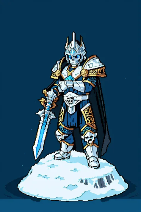 best quality, (intricate details:1.3), hyper detail, finely detailed, colorful, 8k uhd, film grain,((full body)),1boy, wowdk, glowing blue eyes, skull armor, cape, helmet, planted sword, glowing weapon, snow, ice, night, athletic, volumetric lighting, best quality, masterpiece, realistic,pixel