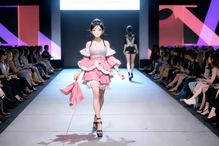 a woman walking on a catwalk in a fashion show