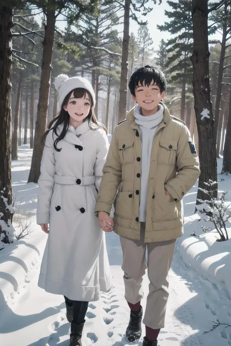 friends on a walk through a snowy forest. winter sun, snowflakes. smiling happy faces. kkw-skin-det-all_checkpoint_skin_detail_-_skin_detail_v1.0 , overalldetail-detail_++_-_overall_detail . detailed faces, (realistic:1.2), (masterpiece:1.2)