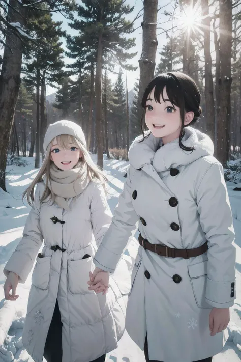 friends on a walk through a snowy forest. winter sun, snowflakes. smiling happy faces. kkw-skin-det-all_checkpoint_skin_detail_-_skin_detail_v1.0 , overalldetail-detail_++_-_overall_detail . detailed faces, (realistic:1.2), (masterpiece:1.2)