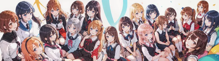 a group of anime girls with different colored hair sit together,Look down in a circle, From below,multiple girls, 6+girls,everyone ten yeded_face)), different face,blonde hair, brown hair, short hair,pony tail,Centre parting hair,Shoulder-length hair,Bob hair, long hair, brown eyes, blue hair,happy,smile,wide view,low view,looking at view