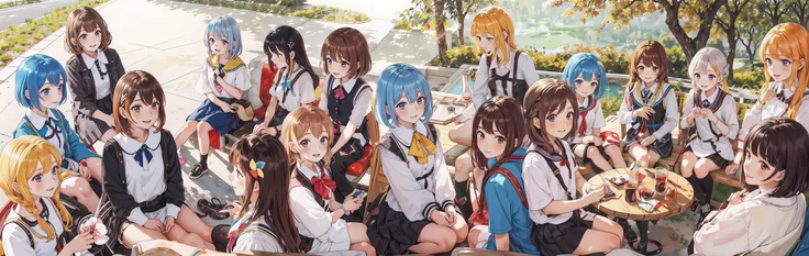 a group of anime girls with different colored hair sit together,Look down in a circle, From below,multiple girls, 6+girls,everyone ten yeded_face)), different face,blonde hair, brown hair, short hair,pony tail,Centre parting hair,Shoulder-length hair,Bob hair, long hair, brown eyes, blue hair,happy,smile,bird view,low view,