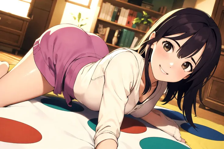<lora:twisterGame_v10:1> twister_game, from side|from behind, 1girl, (nsfw:0.3), 1girl, smiling, detailed clothes, look at viewer, best quality, masterpiece, hires, depth of field, detailed photorealistic background, diffused natural sunlight, diffused natural skin glow, photo realistic