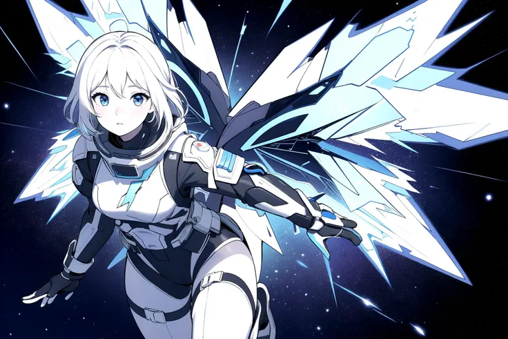 1girl, cute, ultra detailed, (fractal art:1.2), colorful, detailed background, fractals in background, space and stars, wearing wings, high contrast, ray tracing, cinematic lighting, dynamic posing, flying, no expression, particles, lightning, splashes