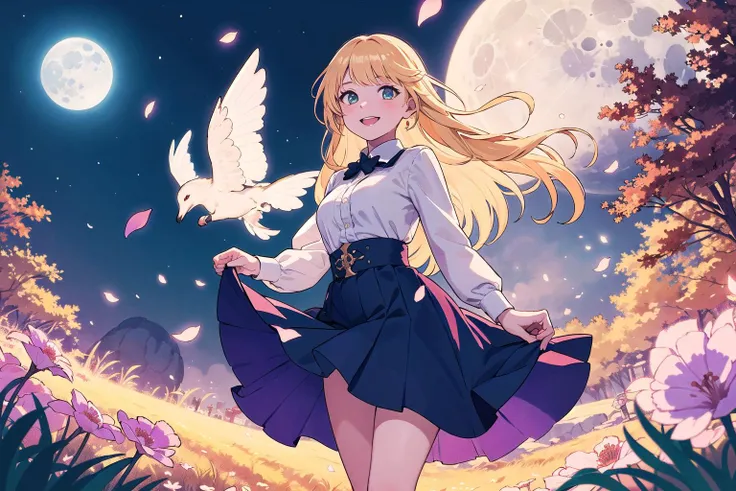 2girls, friends, colorful, cinematic lighting, cowboy shot, light colored hair, solo, smiling, intricate skirt, ((flying petal)), flowery meadow, moonlight, moon, night, cinematic lighting, fantasy background, dynamic angle,