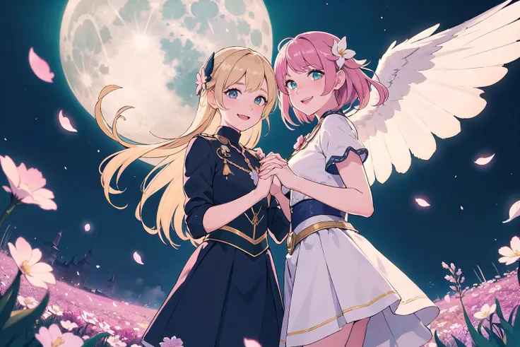 2girls shaking hands, friends, colorful, cinematic lighting, cowboy shot, light colored hair, solo, smiling, intricate skirt, ((flying petal)), flowery meadow, moonlight, moon, night, cinematic lighting, fantasy background, dynamic angle,