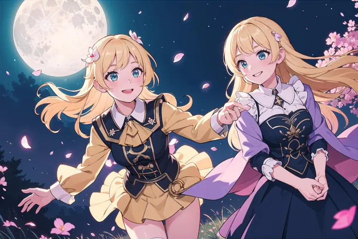 2girls, friends, colorful, cinematic lighting, cowboy shot, light colored hair, solo, smiling, intricate skirt, ((flying petal)), flowery meadow, moonlight, moon, night, cinematic lighting, fantasy background, dynamic angle,