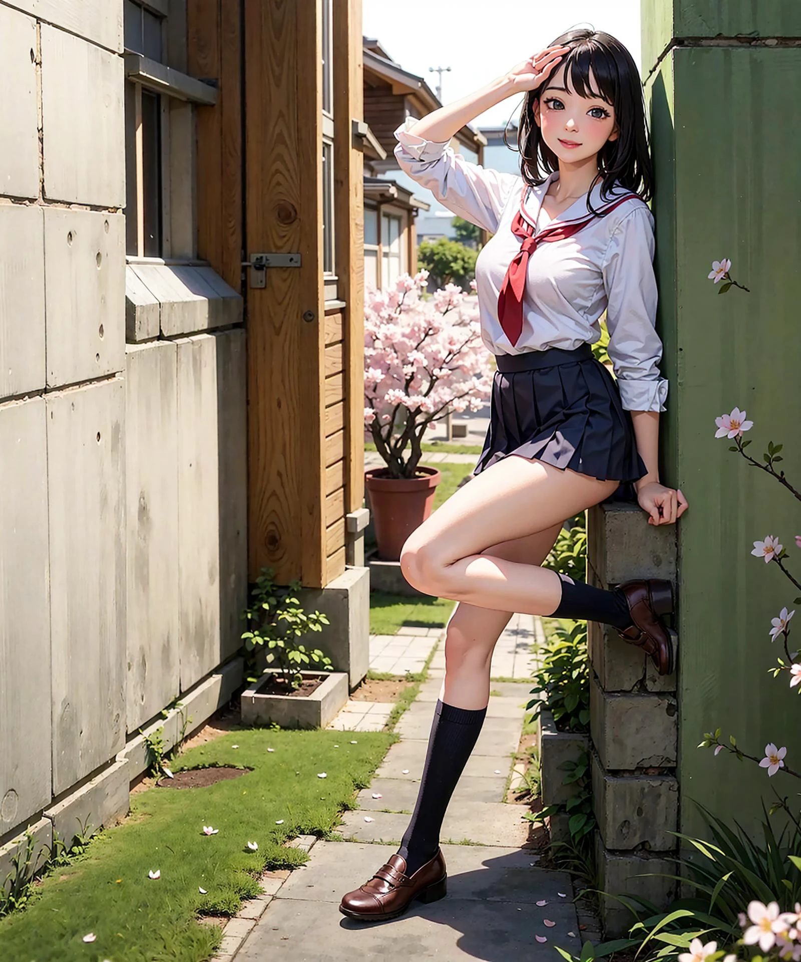 8k,(best quality), (masterpiece:1.2), (realistic:1.3), (photorealistic:1.4), ultra-detailed, day, (1girl:1.3),detailed face, black hair, floating hair, skinny, collarbone, large breasts, narrow waist, blush, thick thighs, cute face, smile, ((school uniform, miniskirt)), mary janes, full body shot, (leaning against wall:1.3), hands on head, back against wall,night, road, road sign, spring \(season\), sakura, cherry blossoms, handbag,
