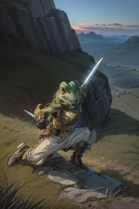 (masterpiece, best quality, highres, absurdres, ultra-detailed:1.2), <lora:Frog_CT:0.9>(1boy, anime, solo, Frog_CT, gold breastplate, holding sword and shield, glove, white pants, white longsleeve, green cape), (broadsword, jumping attack, outdoors, green grass, rock mountain:1.4), <lora:add_detail_v1:0.85> <lora:LowRA:0.75>