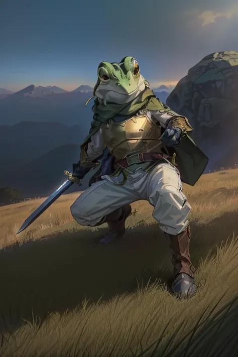 (masterpiece, best quality, highres, absurdres, ultra-detailed:1.2), <lora:Frog_CT:0.9>(1boy, anime, solo, Frog_CT, gold breastplate, holding sword and shield, glove, white pants, white longsleeve, green cape), (broadsword, jumping attack, outdoors, green grass, rock mountain:1.4), <lora:add_detail_v1:0.85> <lora:LowRA:0.85>
