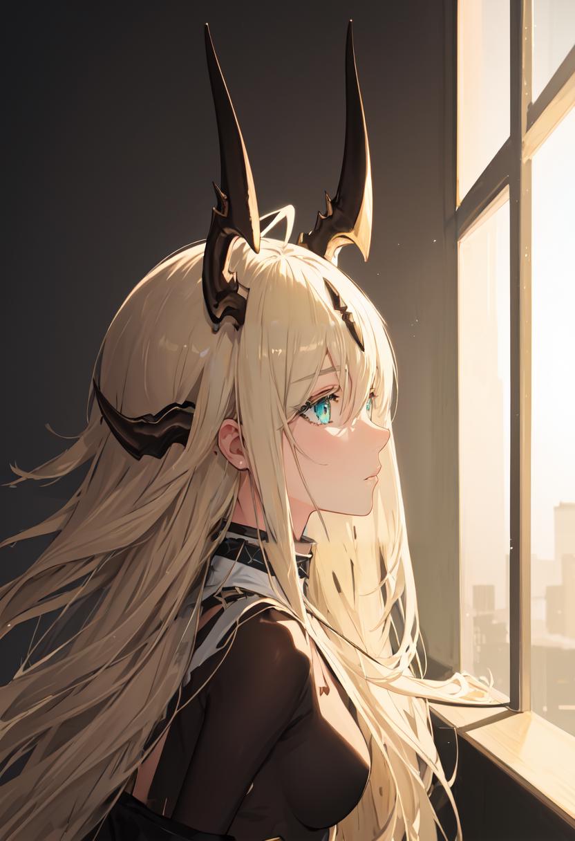 Anime girl with horns and a black dress looking out a window - SeaArt AI