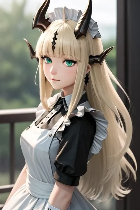 best quality, masterpiece, highres, 1girl, solo, {maid:1.40}, {long maid dress:1.15}, {reed_arknights:1.15}, horns, long_hair, dragon_horns, ahoge, bangs, blonde_hair, blue_eyes, tail, breasts, white_hair, green_eyes