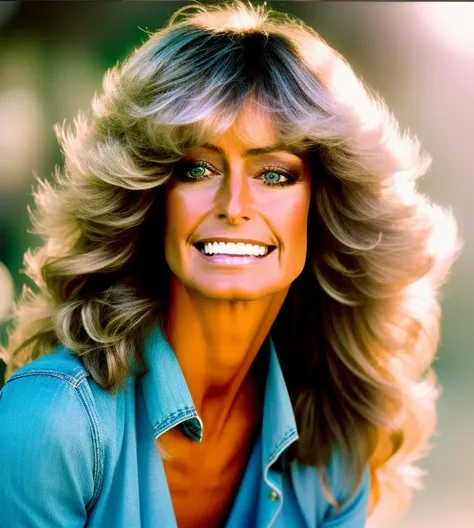 portrait Farrah Fawcett, photo, analog style, 4k, 8k, warm tones, sidelighting, professional photography, diffuse light <lora:FarrahF2:1>