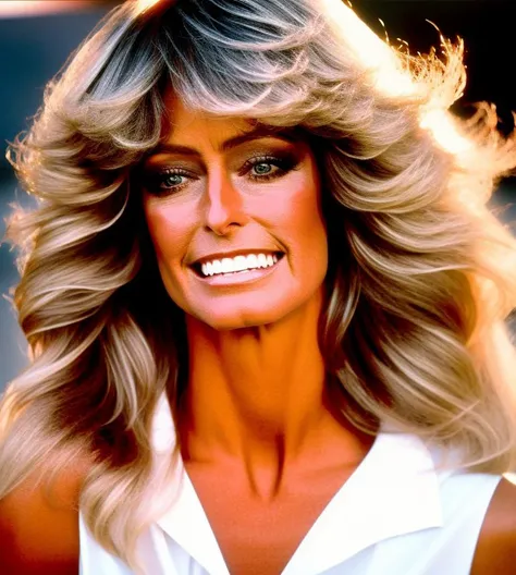 portrait Farrah Fawcett, photo, analog style, 4k, 8k, warm tones, sidelighting, professional photography, diffuse light <lora:FarrahF2:1>