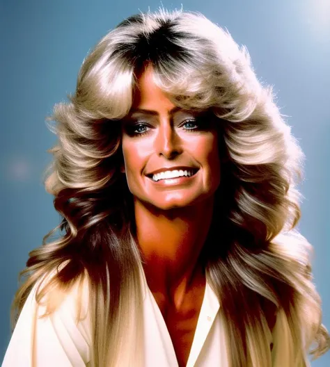 portrait Farrah Fawcett, photo, analog style, 4k, 8k, warm tones, sidelighting, professional photography, diffuse light <lora:FarrahF2:1>