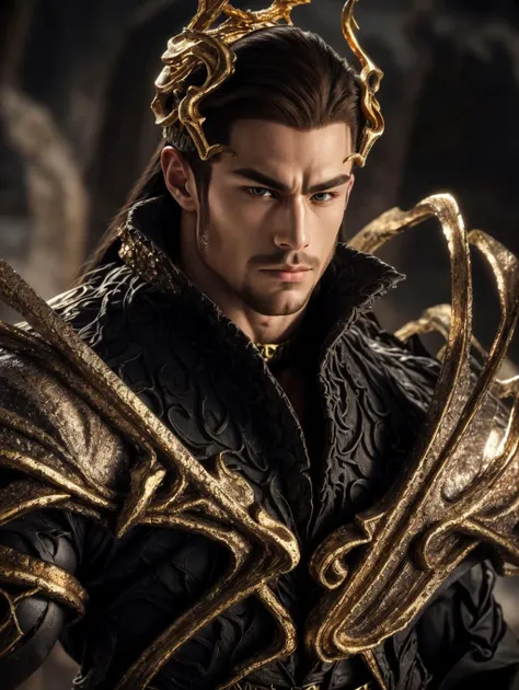 Best quality, masterpiece, ultra high res, photorealistic, long shot, (mascular, strong body builder) <lora:moonlord:0.6> a man in black and gold armor, headpiece, detailed skin, facial hair, cinematic lighting, shadow, long black hair, biomechanical environment