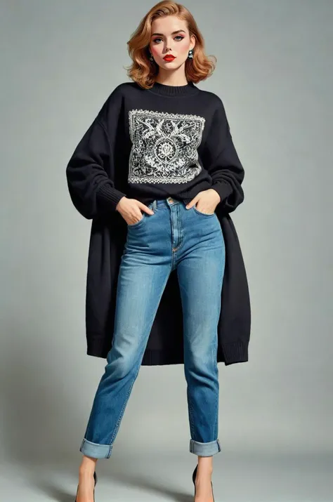 by Hugh Adam Crawford, (neo-pop, minimalist but extremely beautiful:1.4), vintage_p_style, <lora:VintagePPXL:1>, (intricate details, masterpiece, best quality:1.4), a black oversized sweater ((with printing that reads "sexy attire")), outdoor, denim jeans,
Conceptual Art, reference illustration, concept art, dynamic pose, looking at viewer, 
<lora:add-detail-xl:1>, <lora:xl_more_art-full_v1:0.5>