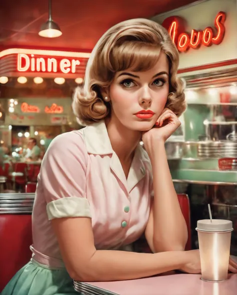 A pretty young woman sitting in a 1960s diner at night looking bored, 1960s style, vintage_p_style, retro, <lora:VintagePPXL:0.5>