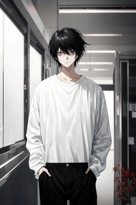 <lora:l-01:1> , l, solo, looking at viewer, shirt, black hair, long sleeves, 1boy, closed mouth, standing, white shirt, male focus, cowboy shot, pants, indoors, black eyes, expressionless, spiked hair, hands in pockets, bags under eyes