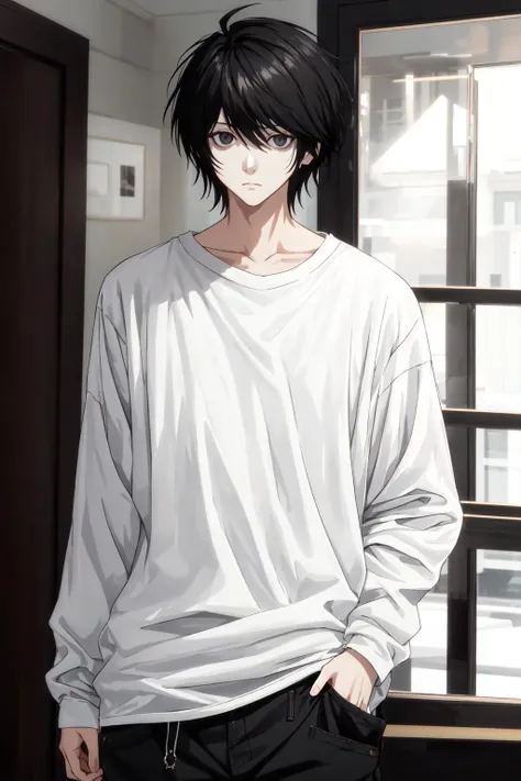 l, solo, looking at viewer, shirt, black hair, long sleeves, 1boy, closed mouth, standing, white shirt, male focus, cowboy shot, pants, indoors, black eyes, expressionless, spiked hair, hands in pockets, bags under eyes, <lora:l-01:1>