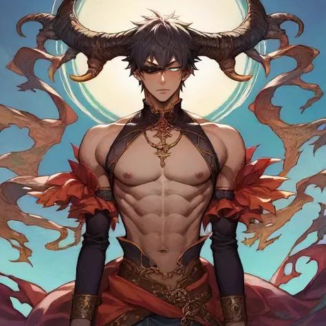 source_anime, thick outlines, (by Posuka Demizu:1.1) and Johji Manabe, anime key visual, soft focus of a fat Papuan (glamourous 1man, solo:1.3) Valkyrie, he is Award-Winning, wearing costume, The costume is Asymmetrical, glamour pose, he has Italian hair styled as Beehive, Horns and Sunglasses, centered background, Panorama, manga, intricate and detailed illustrations, fantasy and adventure themes, Ecchi, fantasy, detailed, intricate, surreal, atmosphere, dynamic dramatic atmosphere, enhanced quality, set logical ambient background, zPDXL, (score_9, score_8_up, score_7_up,)