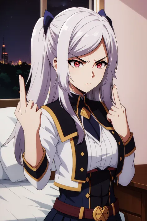 (masterpiece, best quality), intricate details,
1girl, <lora:Alexia Midgar-000048:0.8> Alexia Midgar, white hair, red eyes,
glaring, night, bedroom,
<lora:midfinger-wasabiya:1> middle finger