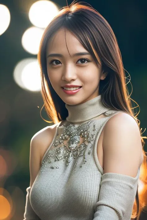 1girl,(wearing a glittery turtleneck dress:1.2),(RAW photo, best quality), (realistic, photo-realistic:1.4), masterpiece, an extremely delicate and beautiful, extremely detailed, 2k wallpaper, Amazing, finely detail, extremely detailed CG unity 8k wallpaper, ultra-detailed, highres, soft light, beautiful detailed girl, extremely detailed eyes and face, beautiful detailed nose, beautiful detailed eyes,cinematic lighting,city lights at night,perfect anatomy,slender body,smiling <lora:mukaichimion_lora:0.8>