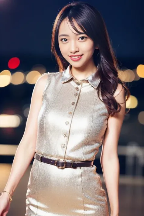 1girl,(wearing a blue glittery blouse:1.2),(RAW photo, best quality), (realistic, photo-realistic:1.4), masterpiece, an extremely delicate and beautiful, extremely detailed, 2k wallpaper, Amazing, finely detail, extremely detailed CG unity 8k wallpaper, ultra-detailed, highres, soft light, beautiful detailed girl, extremely detailed eyes and face, beautiful detailed nose, beautiful detailed eyes,cinematic lighting,city lights at night,perfect anatomy,slender body,smiling,(dark brown eyes) <lora:koikeminami_lora:0.7>
