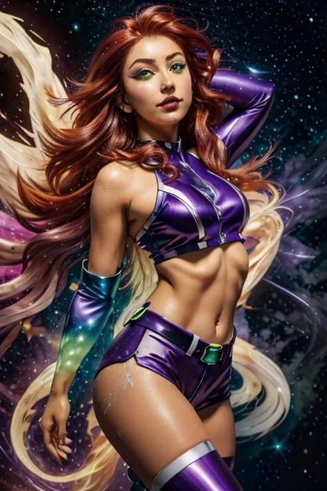 <lora:StarfireDC:0.8> StarfireDC, glowing green eyes, long flowing hair(<lora:glass_hair:0.6>, red), glowing eyes tan skin, large breasts, (purple crop top:1.2), green pearl, bare shoulders, midriff, purple miniskirt, purple thighhighs, belt, 8k, detailed face and eyes, full body, realistic, flying through the air, glowing balls of energy in her hands, style-paintmagic, <lora:StarDust:0.8>,