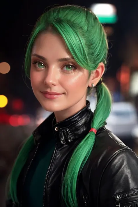 headshot, mint hair, pigtails, black leather jacket, evil smile, soft colors, bokeh, masterpiece, high quality, (high detailed skin:1.1)
<lora:carla_humphrey_lora_v01:1> 8carla