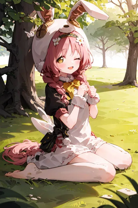 ((masterpiece,best quality)),1girl, solo, barefoot, knees up, dress, sitting, looking at viewer, grass, smile, outdoors, puffy short sleeves, bangs, on ground, full body, ((white dress)), sunlight, dappled sunlight, day, depth of field,bunny hat, <lora:akaneMimiPrincessConnect_kittenchow:0.8>
