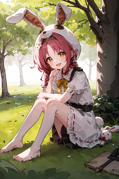 ((masterpiece,best quality)),1girl, solo, barefoot, knees up, dress, sitting, looking at viewer, grass, smile, outdoors, puffy short sleeves, bangs, on ground, full body, ((white dress)), sunlight, dappled sunlight, day, depth of field,bunny hat, <lora:akaneMimiPrincessConnect_kittenchow:0.8>