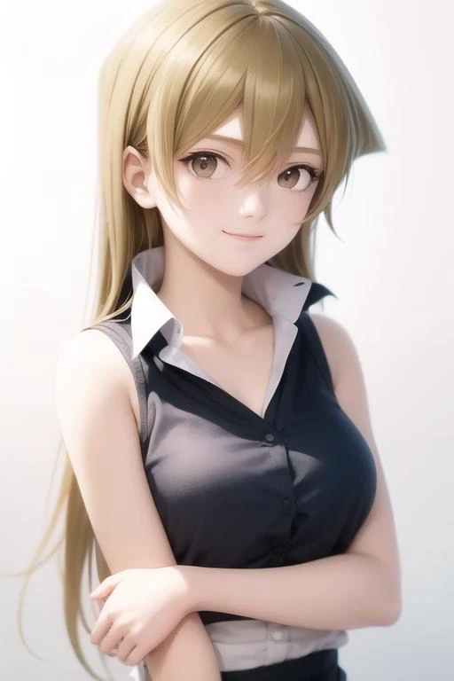 <lora:tenjouin_asukasd15:1>,1girl, black_shirt, brown_eyes, closed_mouth, collarbone, commentary_request, green_hair, hair_between_eyes, highres, looking_to_the_side, medium_breasts, simple_background, sleeveless_shirt, smile, solo, standing, straight_hair, tenjouin_asuka, upper_body, very_long_hair, white_background